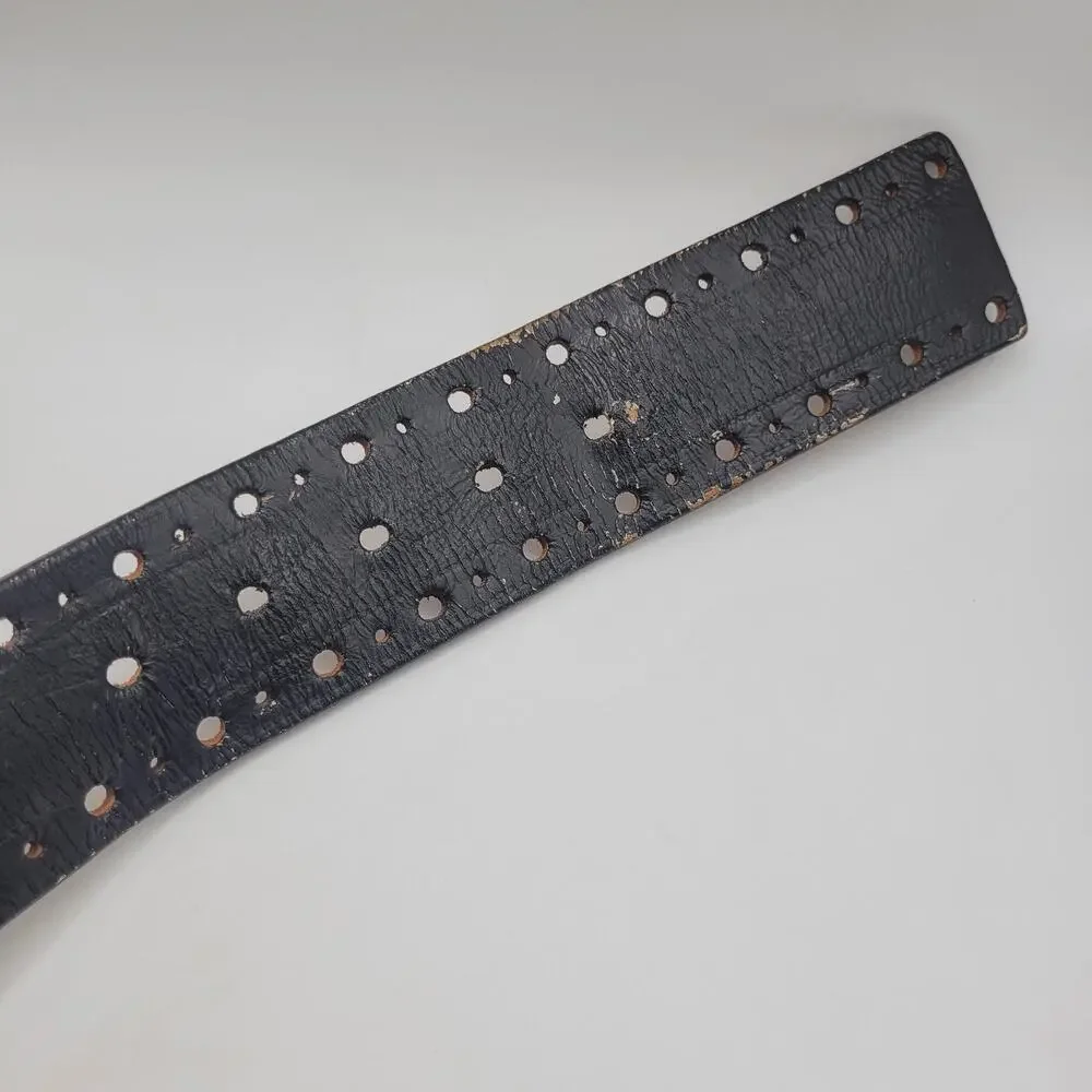 Black Leather Belt Mens 34 Perforated Industrial Utilitarian Edgy Punk Goth Wide